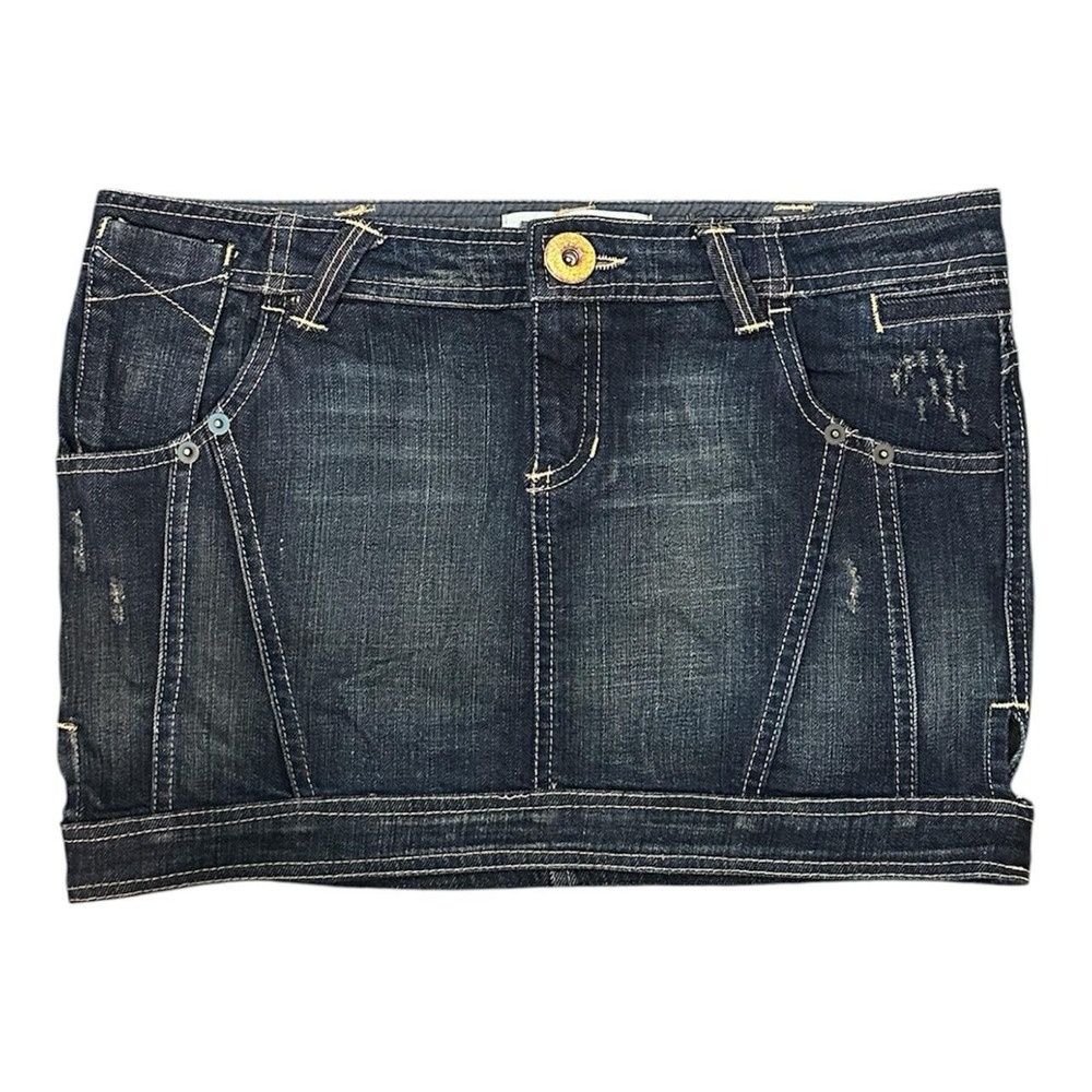 Y2K Zara micro mini dark wash denim skirt with geometric accents golden hardware